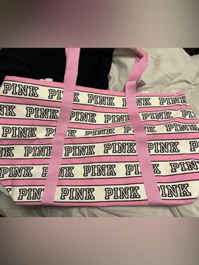 PINK Striped Logo Tote Bag in Pink and White